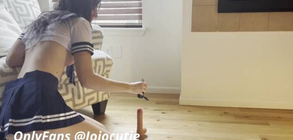 Naughty schoolgirl Jojocutie fucks big realistic dildo till she cums on myfanstube.com